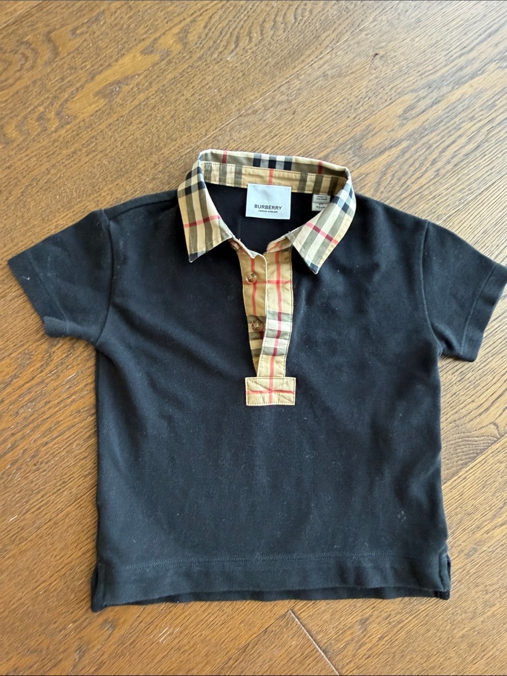 BURBERRY BOYS 2Y Black Polo Logo Beige Check Collar